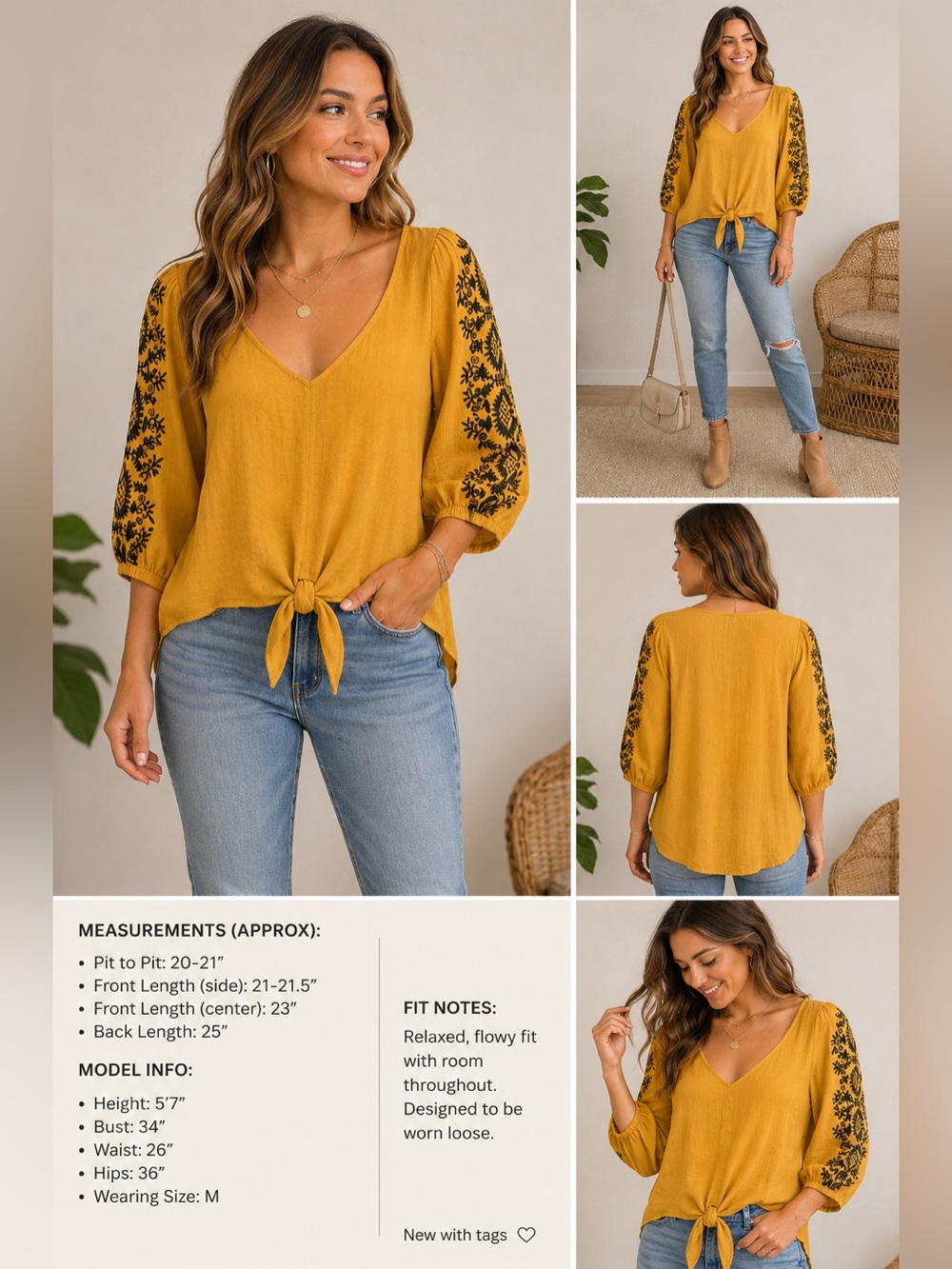 Olivia & Martin NWT Mustard Embroidered Peasant Boho Cottagecore Top Blouse Sz M